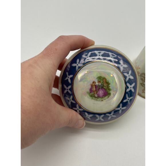 Lot of 2 Vintage Lusterware Fragonard Trinket Dish w/ Lid Bell Courting Couple - Picture 2 of 12